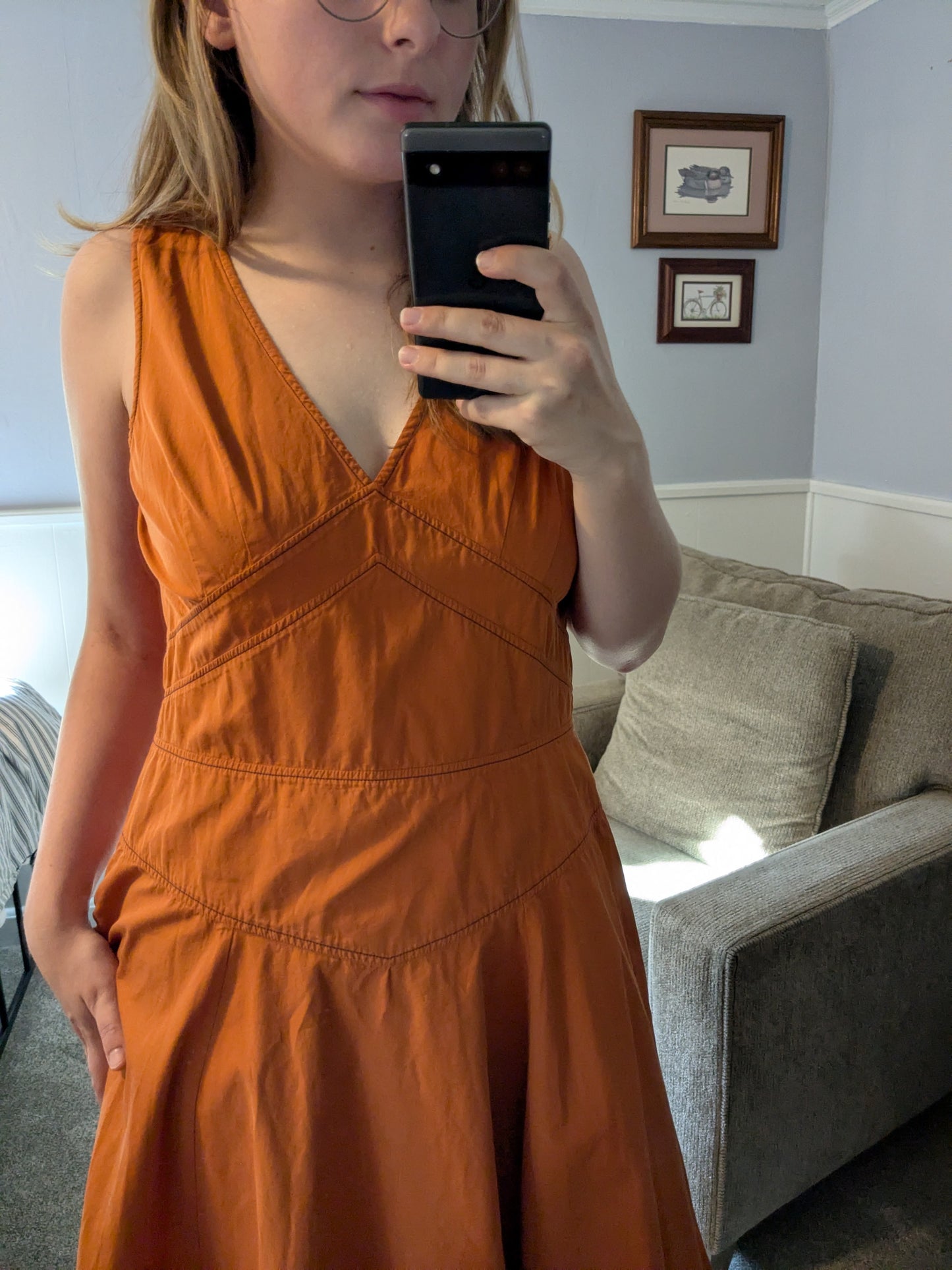 Contrast Stitch Cotton V Neck Dress - Large